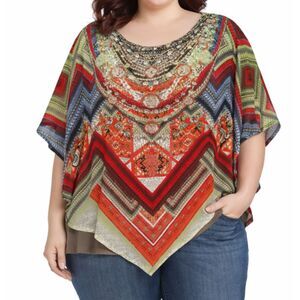 WESTPORT Boho Hippie Sheer Lined 1X Women's Plus Size Blouse Studded Jeweled